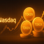 A glowing Nasdaq logo stands beside golden tokens labeled “TOKEN” against rising financial charts.