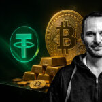 A dramatic 16:9 scene with a glowing emerald Tether logo and a radiant golden Bitcoin coin flanking a pyramid of gleaming gold bars on a dark marble plinth.