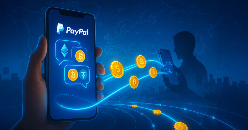 A glowing PayPal app screen sends streams of Bitcoin, Ethereum, and stablecoin icons across a blue world map into another phone, evoking effortless text-like crypto transfers