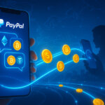 A glowing PayPal app screen sends streams of Bitcoin, Ethereum, and stablecoin icons across a blue world map into another phone, evoking effortless text-like crypto transfers