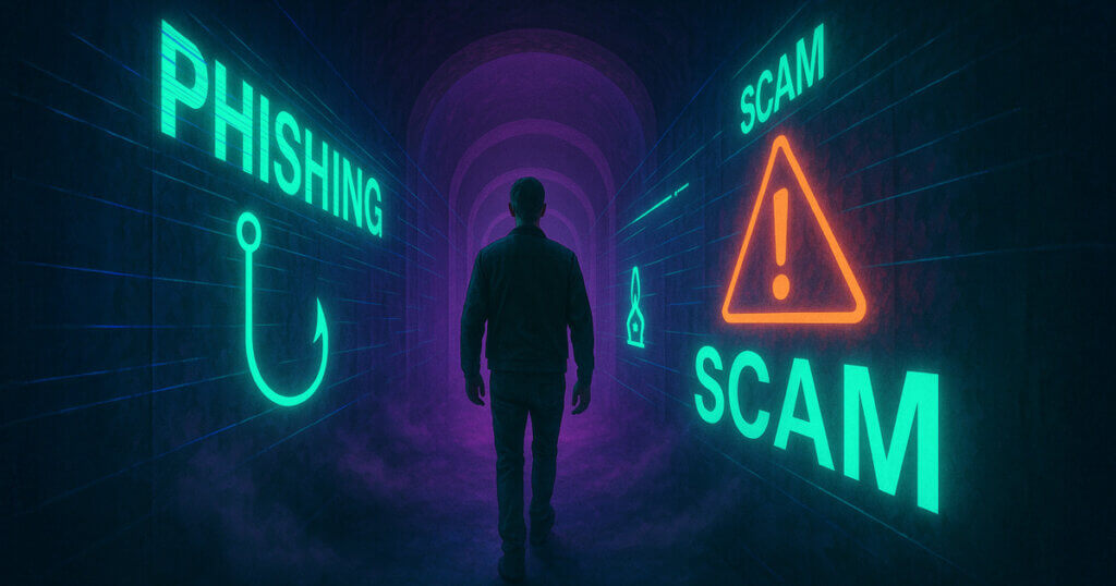 An investor walks through a neon-lit tunnel lined with phishing scam projections shaped like a digital keychain - Cover art/illustration via CryptoSlate.