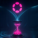 A futuristic chamber displays the Polkadot logo above a glowing magenta hourglass with stepped light trails, symbolizing DOT’s 2.1B supply cap and reduced inflation
