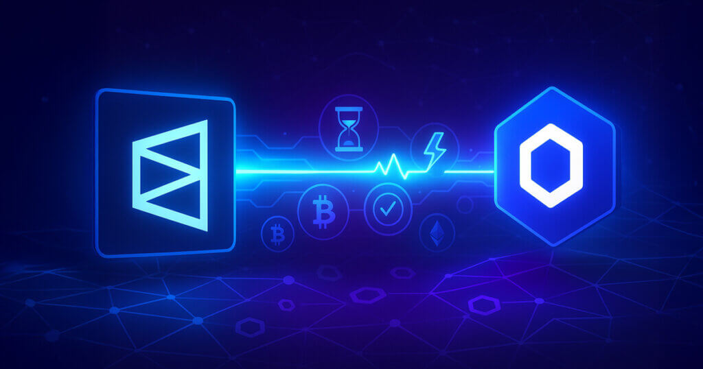 Polymarket’s logo links to Chainlink’s hexagon via a neon data beam over a Polygon-like node grid, with hourglass and check icons signaling fast, automated market resolution