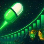 A glossy Pump.fun capsule rockets past a soaring neon chart as creators at glowing workstations watch faucets pour golden coins, celebrating an all-time-high earnings surge