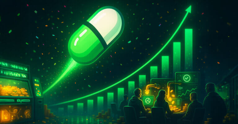 A glossy Pump.fun capsule rockets past a soaring neon chart as creators at glowing workstations watch faucets pour golden coins, celebrating an all-time-high earnings surge