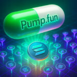 A neon green-and-white pill engraved “Pump.fun” floats above a glowing digital garden of Solana tokens - Cover art/illustration via CryptoSlate.