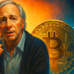 A digital painting depicts billionaire investor Ray Dalio speaking against a backdrop of a glowing Bitcoin, symbolizing his warning on dollar decline and hedge support - Cover art/illustration via CryptoSlate.