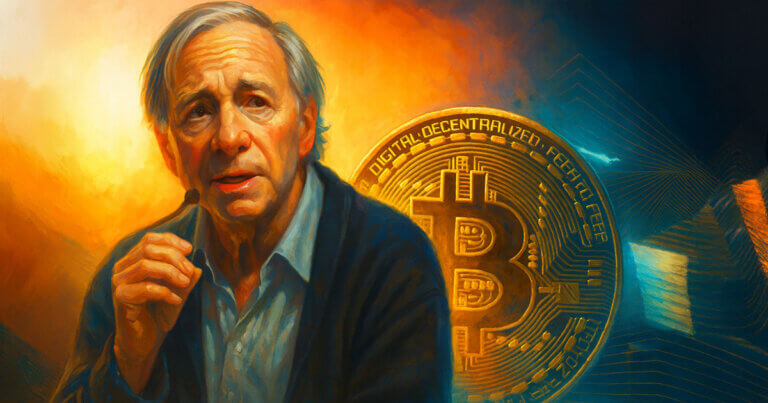 A digital painting depicts billionaire investor Ray Dalio speaking against a backdrop of a glowing Bitcoin, symbolizing his warning on dollar decline and hedge support - Cover art/illustration via CryptoSlate.