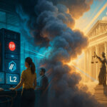 A bright, cinematic split-scene shows engineers managing glowing Layer-2 sequencer racks with Ethereum, Optimism, and Arbitrum logos on one side while a sunlit neoclassical regulator building and Lady Justice stand across swirling, luminous clouds symbolizing uncertain SEC guidance.