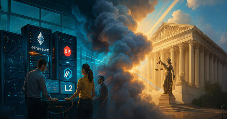 A bright, cinematic split-scene shows engineers managing glowing Layer-2 sequencer racks with Ethereum, Optimism, and Arbitrum logos on one side while a sunlit neoclassical regulator building and Lady Justice stand across swirling, luminous clouds symbolizing uncertain SEC guidance.