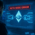 An engineer monitors a holographic screen displaying a red “Reth Node Error” as Ethereum chains desynchronize - Cover art/illustration via CryptoSlate.