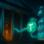 A neoclassical bank facade glows as Ripple’s mark approaches an OCC-sealed doorway while Tether pipes flow into capped translucent wallets under the Bank of England crest