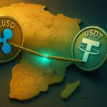 RLUSD and USDT coins are depicted in a tug-of-war across the African continent, symbolizing competing stablecoin dominance - Cover art/illustration via CryptoSlate.