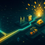 A cinematic illustration shows a glowing blockchain highway branching beyond a stablecoin orb into islands for treasuries, real estate, commodities, trade finance, carbon credits, private credit, and royalties, lit in deep navy with neon teal and gold.