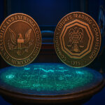 SEC and CFTC seals depicted together over a glowing data table as agencies prepare for a Sept. 29 joint roundtable - Cover art/illustration via CryptoSlate.