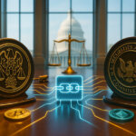 conference table shows SEC and CFTC seals facing each other with a glowing blockchain node linking Bitcoin and Ethereum tokens under the Capitol dome, symbolizing a joint “crypto clarity” roundtable.