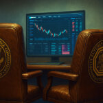 Two chairs with SEC and CFTC crests face an empty crypto exchange terminal - Cover art/illustration via CryptoSlate