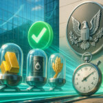 A daylit SEC facade with an eagle seal overlooks commodity icons in glass ETF capsules shooting past green lights and a stopwatch, symbolizing faster approvals under new listing standards