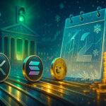 A bright cinematic scene shows XRP, Solana, and Dogecoin logo coins racing along ETF-like tracks toward a green-lit neoclassical building, with rising charts and snowflake-glazed glass hinting at a December launch in a vivid mix of golds, teals, and magentas.