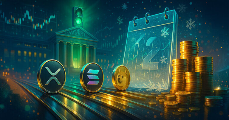 A bright cinematic scene shows XRP, Solana, and Dogecoin logo coins racing along ETF-like tracks toward a green-lit neoclassical building, with rising charts and snowflake-glazed glass hinting at a December launch in a vivid mix of golds, teals, and magentas.