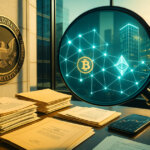 SEC seal beside stacks of case files as a magnifying glass reveals a glowing blockchain network linking Bitcoin, Ethereum, and corporate towers.