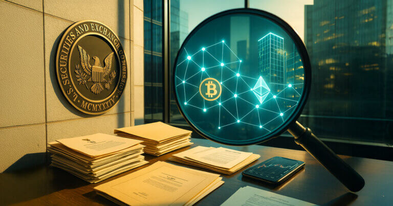 SEC seal beside stacks of case files as a magnifying glass reveals a glowing blockchain network linking Bitcoin, Ethereum, and corporate towers.
