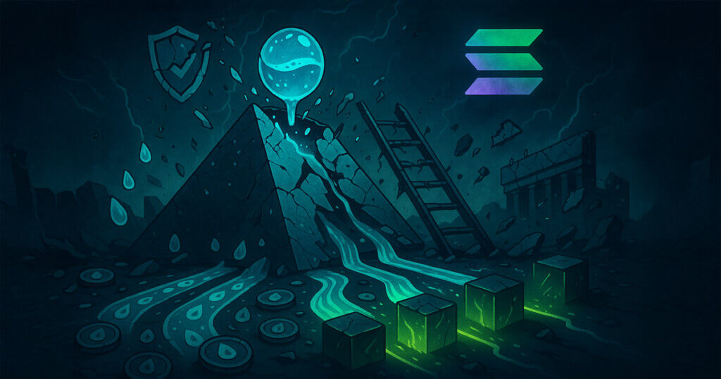 Neon-lit ruins show a cracked pyramid leaking aqua-blue streams that split into four glowing channels toward dark exchange cubes as a fractured Solana logo hovers overhead.