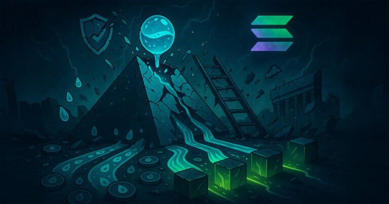 Neon-lit ruins show a cracked pyramid leaking aqua-blue streams that split into four glowing channels toward dark exchange cubes as a fractured Solana logo hovers overhead.