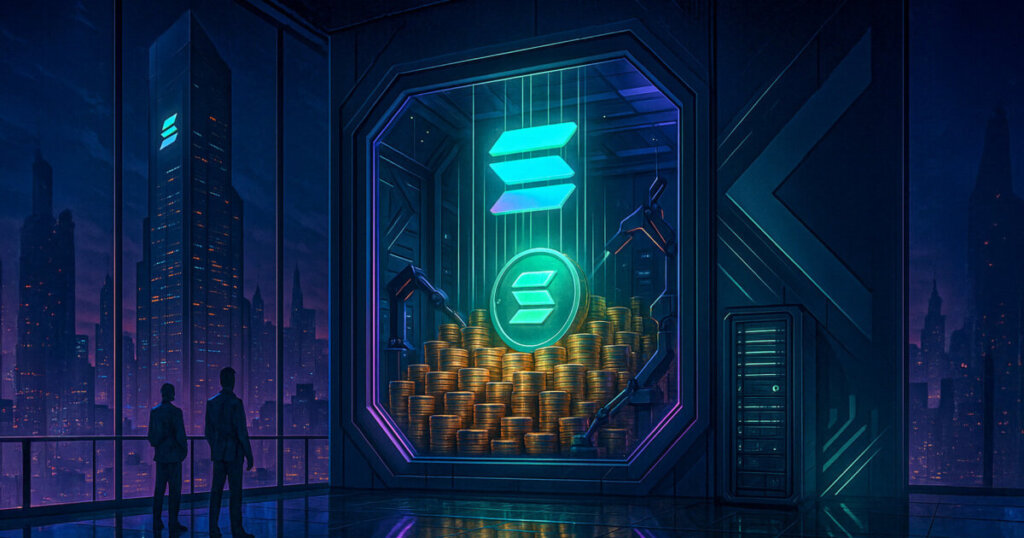 A panoramic corporate treasury vault overflows with Solana-branded coins under a glowing tri-bar emblem as executives survey a neon city skyline at night