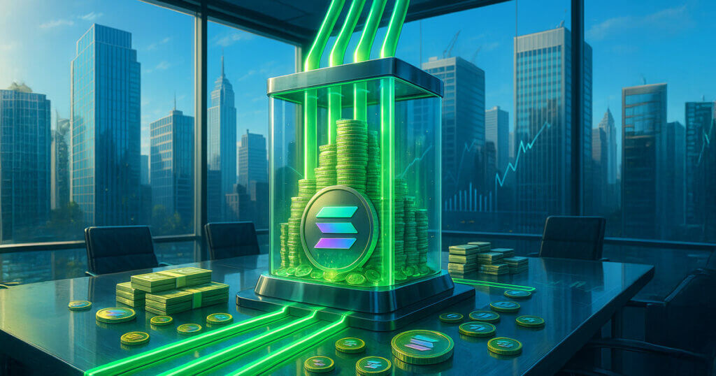 Daylight floods a glass-walled boardroom where four neon-green funding rails pour capital into a Solana-branded reservoir stacked with coins, signaling a massive raise for SOL purchases