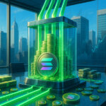 Daylight floods a glass-walled boardroom where four neon-green funding rails pour capital into a Solana-branded reservoir stacked with coins, signaling a massive raise for SOL purchases