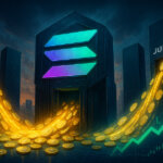 a radiant Solana vault absorbing torrents of capital from Galaxy Digital, Jump Crypto, and Multicoin monoliths as bullish charts surge upward.