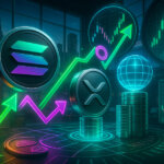 A neon-lit trading floor shows Solana and XRP coins hovering over an options grid as a CME-like holographic globe and rising charts signal new futures options markets