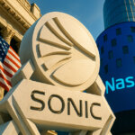 Sonic’s logo is engraved into a marble sculpture before the Nasdaq building with the US flag waving - Cover art/illustration via CryptoSlate.