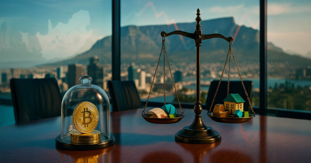 A bright, photorealistic Cape Town boardroom scene shows a stack of Bitcoin under a glass dome beside a heavier scale of diversified assets, symbolizing caution against overexposure.