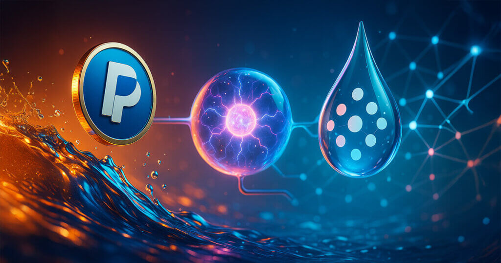 A bright, cinematic scene shows a PayPal logo coin cresting a vibrant liquid wave toward a glowing plasma sphere and a glass droplet with Polkadot-style dots, symbolizing a surge of new stablecoin initiatives.