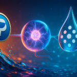 A bright, cinematic scene shows a PayPal logo coin cresting a vibrant liquid wave toward a glowing plasma sphere and a glass droplet with Polkadot-style dots, symbolizing a surge of new stablecoin initiatives.