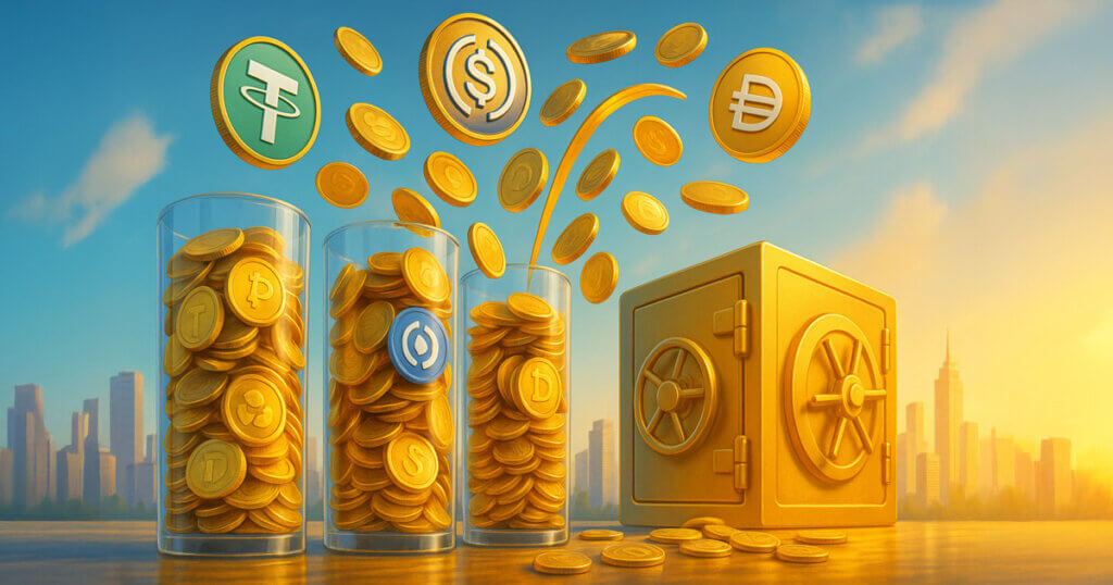 A bright cinematic scene shows overflowing glass cylinders of USDT, USDC, and DAI coins arcing into a golden vault against a clear daylight skyline, symbolizing surging stablecoin supply.