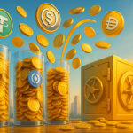 A bright cinematic scene shows overflowing glass cylinders of USDT, USDC, and DAI coins arcing into a golden vault against a clear daylight skyline, symbolizing surging stablecoin supply.