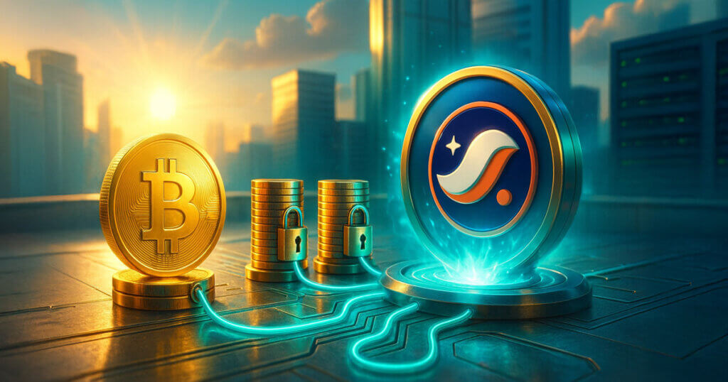 Photorealistic scene of a gleaming Bitcoin feeding locked coin stacks through teal energy lines into a luminous console bearing the attached Starknet logo against a bright city skyline.