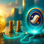 Photorealistic scene of a gleaming Bitcoin feeding locked coin stacks through teal energy lines into a luminous console bearing the attached Starknet logo against a bright city skyline.