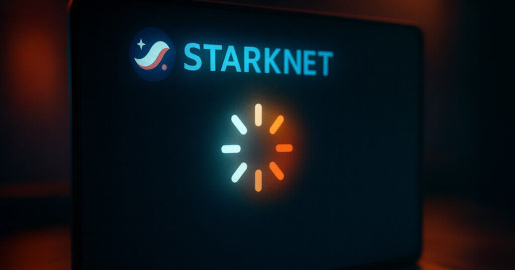 A Starknet loading screen shows the updated logo and spinning wheel during service downtime - Cover art/illustration via CryptoSlate.