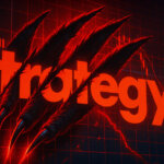 Bear claws slash through the Strategy logo on a glitching trading chart, symbolizing market decline - Cover art/illustration via CryptoSlate.