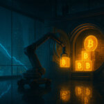A nighttime corporate treasury scene shows a robot loading glowing Bitcoin into a vault while a blue gauge and falling chart hint at record-low mNAV