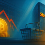 glowing Strategy logo on a glass tower beside a falling red stock chart, a subdued Bitcoin coin stack, and an empty shopping basket implying reduced purchases.