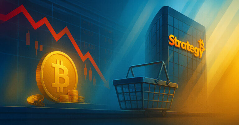 glowing Strategy logo on a glass tower beside a falling red stock chart, a subdued Bitcoin coin stack, and an empty shopping basket implying reduced purchases.