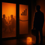 A solitary businessman stands in a dark corridor outside a glowing orange boardroom where shadowy figures confer behind frosted glass, evoking a secretive committee shutting him out.