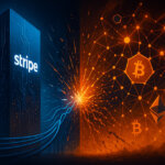 A dramatic scene shows a glowing Stripe monolith and its orderly blue cables colliding with a fiery, sprawling web of crypto nodes bearing BTC and ETH logos, sparks flying to convey the tension between corporate control and decentralization.