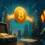 A bright, cinematic image shows a giant golden Bitcoin hovering between two glass skyscrapers connected by a glowing data bridge, with an open briefcase of cash on a reflective table and upward arrows reflected on the buildings to symbolize a high-premium acquisition.