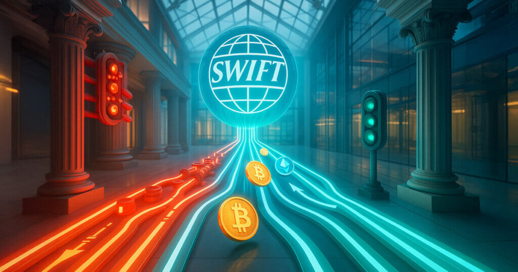 a glowing SWIFT sphere splitting into two rails—left a red, valve-clogged bottleneck, right fast teal lanes carrying BTC/ETH/stablecoin tokens past green lights—asking whether the new ledger chokes or boosts crypto.